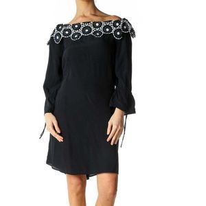 𝅺LOFT Off Shoulder navy pullover daisy collar women Shift Dress tie cuff. Sz. S